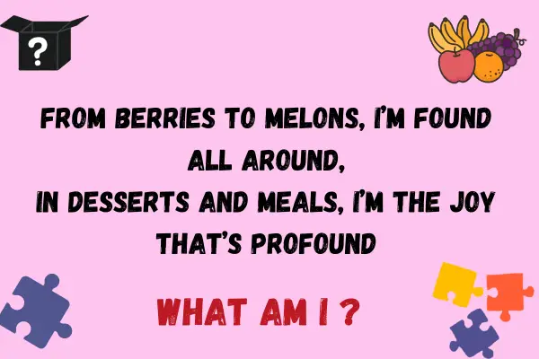 fruit riddle in black text written on pink background