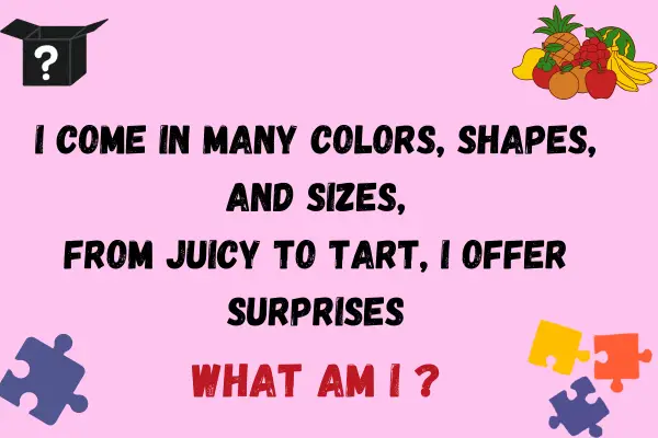 fruit riddle in black text written on pink background