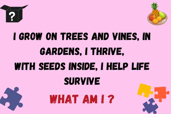 fruit riddle in black text written on pink background